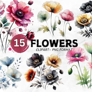 Watercolor Flower Clipart Bundle: 15 Floral PNG Designs (Digital Download)