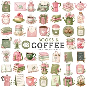Può includere: Una collezione digitale di 48 illustrazioni con libri, tazze da caffè, scatole regalo rosa e verdi, candele, fiori e articoli di cancelleria. Il testo centrale recita BOOKS & COFFEE 48 4096 x 4096 px PNG Files in carattere grigio scuro.