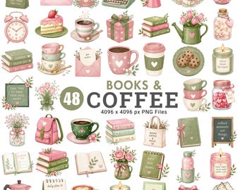 Books and Coffee Clipart, Book Lover PNG, Cozy Reading Aesthetic, Sage Green Books, Cafe Coffee Png, Watercolor Bookish Art, Commercial Use