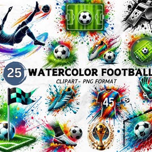 Paquete de imágenes prediseñadas de fútbol en acuarela, archivos PNG de fútbol, imágenes prediseñadas de pelotas y zapatos de fútbol, diseños de sublimación, descarga digital, PNG para uso comercial