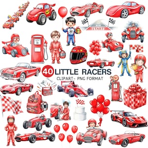Watercolor Little Racer Clipart, Red Race Car PNG, Vintage Racing Cars, Baby Shower Boy, Baby Racer Clipart, Nursery Decor, Commercial Use