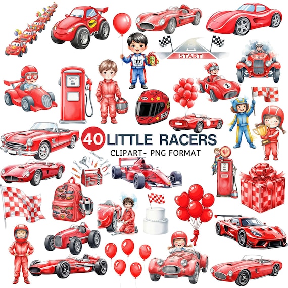 Watercolor Little Racer Clipart, Red Race Car PNG, Vintage Racing Cars, Baby Shower Boy, Baby Racer Clipart, Nursery Decor, Commercial Use