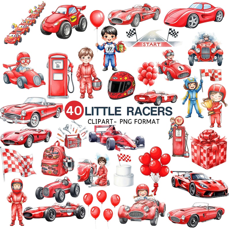Watercolor red race car clipart with cute little racer helmet, perfect for baby boy nursery, birthday, or kids wall art designs