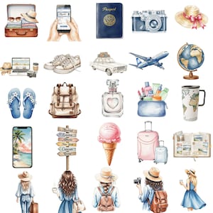Boho-style wanderlust PNG illustrations, including airplane, suitcase, and travel elements, perfect for planners, stickers, and digital crafts.