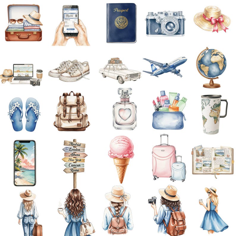 Boho-style wanderlust PNG illustrations, including airplane, suitcase, and travel elements, perfect for planners, stickers, and digital crafts.