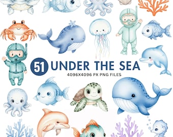 Watercolor Ocean Animals Clipart: Under the Sea PNG Graphics (51 Files)