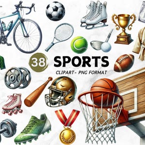 Paquete de imágenes prediseñadas de deportes en acuarela, pelotas de acuarela, fútbol, fútbol americano, cricket, baloncesto, tenis, uso comercial, descarga instantánea