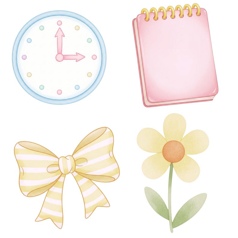 Digital pastel school PNGs with hand-drawn, retro-inspired elements designed for creative use in teacher gifts, homeschool kits, and classroom decor.