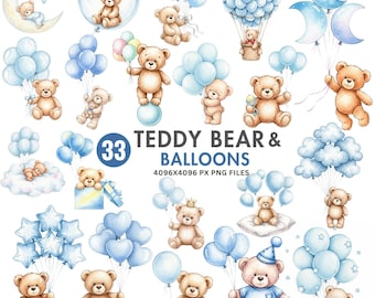 Teddy Bear and Balloon Clipart, Blue Teddy Bear Clipart, Baby Shower Boy Clipart, Watercolor Bear Png, Aviator Bear Png, Instant Download