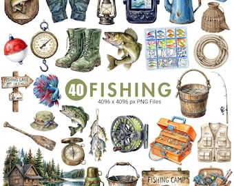 Watercolor Fishing Clipart, Hutting Clipart, Fishing PNG, Fisherman Illustration, Bass Fish Clip Art, Father's Day Design, Commercial Use