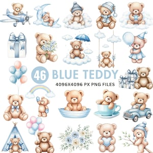 Cute Teddy Bear Clipart, Sleeping Teddy Bear PNG, Baby Shower Clipart Boy, Watercolor Teddy Bear, Cute Teddy Clipart, Boho Bear, Baby Bear