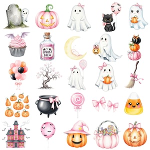 Kawaii pastel Halloween clipart with cute ghost PNGs, pink pumpkins, bats, and whimsical fall elements for sublimation and printable projects