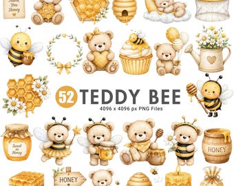 Honey Bear Clipart, Teddy Bear Clipart, Baby Bee Clipart, Watercolor Bee PNG, Bumble Bee Clipart, Baby Shower Nursery Png, Commercial Use