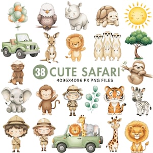 Cute Safari Clipart, Watercolor Jungle Animals Png, Safari Baby Animals, Wild One Birthday, Baby Shower Clipart, Nursery Art, Commercial Use