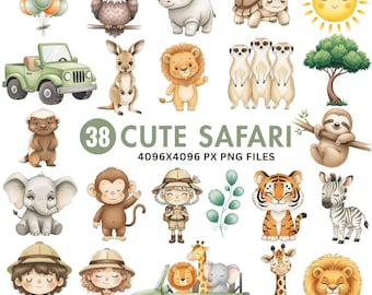 かわいいサファリのクリップアート、水彩ジャングル動物PNG、赤ちゃんサファリ動物、ワイルドワンのクリップアート、ベビーシャワーのクリップアート、かわいいライオン、キリン、ゾウ