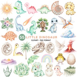 Watercolor Dinosaur Clipart: Pastel Baby Dino PNG (Commercial Use, Digital Download, 55 Files)