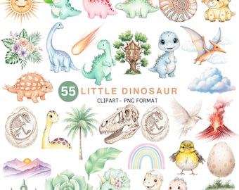 Watercolor Dinosaur Clipart: Pastel Baby Dino PNG (Commercial Use, Digital Download, 55 Files)