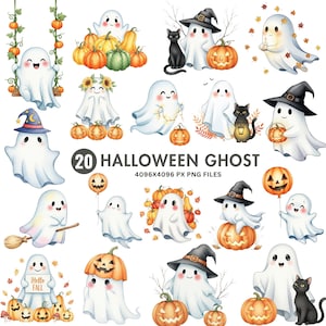 Halloween Ghost Clipart, Cute Ghost PNG, Watercolor Halloween Clipart, Pastel Spooky Ghosts Png, Witch Hat Png,  Pumpkin Clipart, Fall Decor