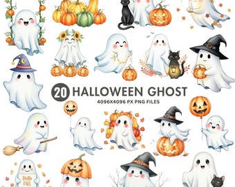 Halloween Ghost Clipart, Cute Ghost PNG, Watercolor Halloween Clipart, Pastel Spooky Ghosts Png, Witch Hat Png,  Pumpkin Clipart, Fall Decor
