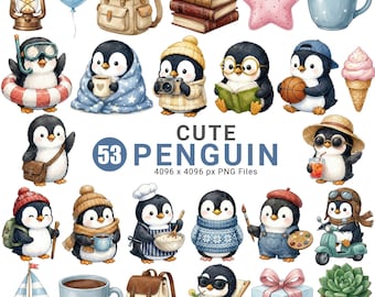 Cute Penguin Clipart, Watercolor Penguin PNG, Penguin Graphics, Baby Penguin Clipart, Winter Animal PNG, Nursery Clipart, Commercial Use