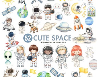 Watercolor Space Clipart, Little Astronauts, Planets Rocket Ship, Planets, Nursery Decor, Galaxy Art, Instant Download, Commercial Use
