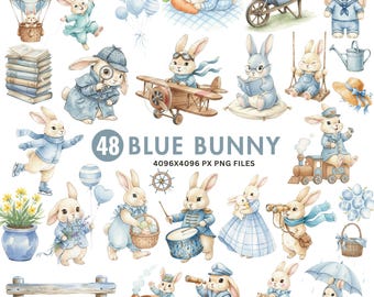Clipart di coniglietto blu acquerello, PNG di coniglio vintage per cameretta dei bambini, animali per baby shower, clipart di Pasqua primaverile, simpatico coniglietto per uso commerciale