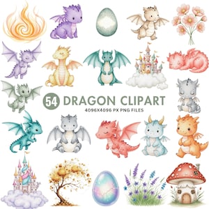 Watercolor Dragon Clipart PNG, Fantasy Baby Dragon Art, Flying Dragon Illustration, Cute Dragon for Kids Party, Boys Room, Baby Shower Decor