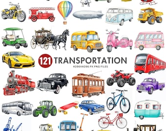 Watercolor Transportation Clipart Bundle, Vehicle Clipart, Cute Car PNG, Kids Transport Clipart, Truck Clipart, Train Png, Nursery Decor