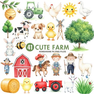 Cute Farm Clipart, Watercolor Farm Animals, Baby Farm Animals, Cute Cow Clipart, Sheep Cottage Farm, Farm Baby Shower, Barnyard Birthday PNG