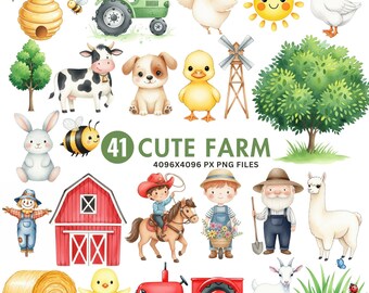 Cute Farm Clipart, Watercolor Farm Animals, Baby Farm Animals, Cute Cow Clipart, Sheep Cottage Farm, Farm Baby Shower, Barnyard Birthday PNG