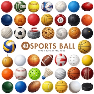 Puede incluir: Una colección de 47 pelotas deportivas y equipamiento que incluye balones de fútbol, baloncesto, béisbol, tenis y golf, junto con una piedra de curling y un volante. El texto 47 SPORTS BALL 4096 x 4096 px PNG Files está en el centro.