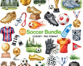 Watercolor Soccer Clipart Bundle, Football PNG Files, Soccer Ball Png, Shoes, Goal, Player, Scoreboard, Digital Download, Commercial Use