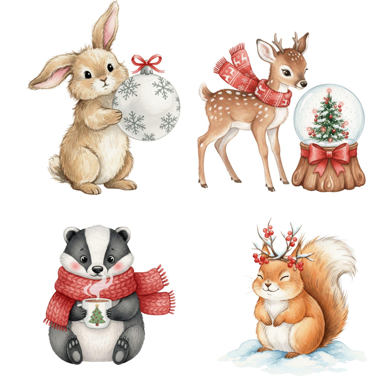 Christmas Woodland Clipart, Watercolor Christmas Animals PNG, Cute ...
