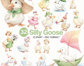 Silly Goose Clipart, Watercolor Cottagecore Goose PNG, Cute Baby Shower Art, Birthday Party Decor, Wildflowers, Balloons, Nursery Deco
