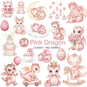 Rosa Baby-Drache Clipart, niedliche Aquarell fliegenden Drachen Kunst, Märchen Kinderzimmer Dekor, magische Geschöpf, Baby-Dusche, Kinder-Party-Einladung
