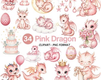 Pink Baby Dragon Clipart, Cute Dragon Clipart, Little Dragon PNG, Magical Kingdom PNG, Baby Dragon PNG, Flying Dragon, Baby Shower Clipart