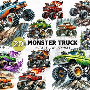 Monster Truck Clipart Bundle, Arte del veicolo ad acquerello, Clipart di grandi camion, Download immediato, Disegni a sublimazione, File PNG per uso commerciale