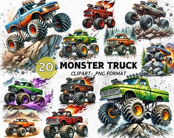 Watercolor Monster Truck Clipart Bundle: 20 PNG Designs (Commercial Use)