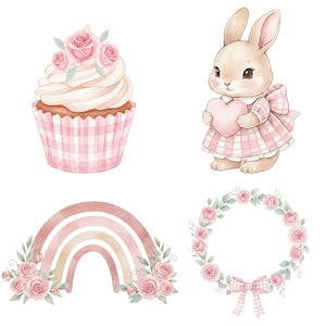 Whimsical pink bunny illustration holding balloons, hand-painted style for kids’ party invitations, baby shower, and nursery prints.