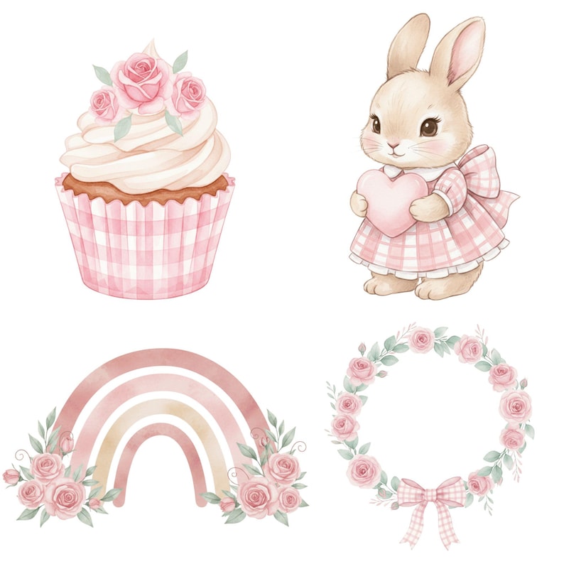 Whimsical pink bunny illustration holding balloons, hand-painted style for kids’ party invitations, baby shower, and nursery prints.