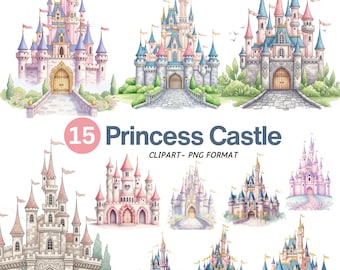 Watercolor Princess Castle Clipart, Pink Fairytale Castle PNG, Princess Birthday Clipart, Fantasy Castle, Digital Download, Commercial Use