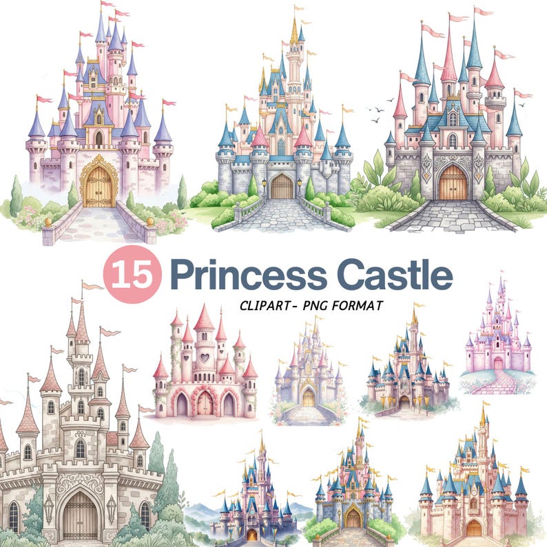 Watercolor Princess Castle Clipart, Pink Fairytale Castle PNG, Princess ...
