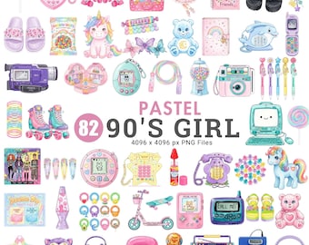 90s Girlhood Clipart, Pastel Y2K Clipart, Girly Clipart PNG, Kawaii Pink Clipart, Retro Toys Clipart, Watercolor Clipart, Commercial Use PNG