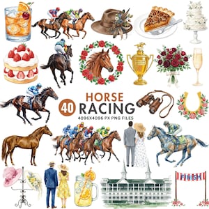 Pode incluir: Ilustrações em aquarela de elementos de corridas de cavalos. Inclui cavalos de corrida com jóqueis, um chapéu de derby, um troféu, uma faixa de chegada, um bolo, um coquetel e um casal. O texto "HORSE RACING" é exibido.