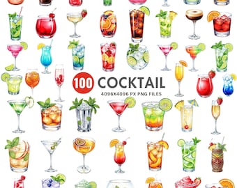 Watercolor Cocktail Clipart Bundle: 100 PNG Drinks, Wedding Menu Design (Digital Download)
