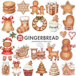 May include: A collection of watercolor gingerbread cookies and decorations. Includes gingerbread people, a snowman, a reindeer, a train, a house, a Christmas tree, a wreath, a bell, a stocking, a mitten, a mug, a gift box, and a stack of cookies.