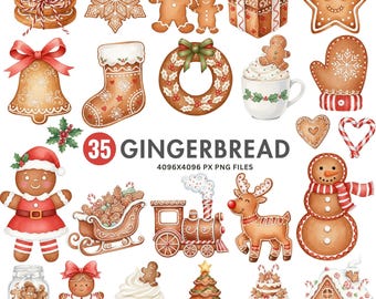 May include: A collection of watercolor gingerbread cookies and decorations. Includes gingerbread people, a snowman, a reindeer, a train, a house, a Christmas tree, a wreath, a bell, a stocking, a mitten, a mug, a gift box, and a stack of cookies.