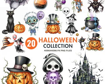 Watercolor Halloween Clipart: Kawaii Ghosts, Pumpkins (PNG Download)