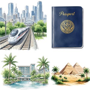 Digital travel clipart pack with soft watercolor elements like luggage, girls, and maps, great for wanderlust-themed scrapbooks or cards.