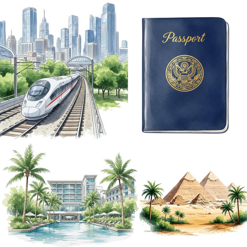 Digital travel clipart pack with soft watercolor elements like luggage, girls, and maps, great for wanderlust-themed scrapbooks or cards.